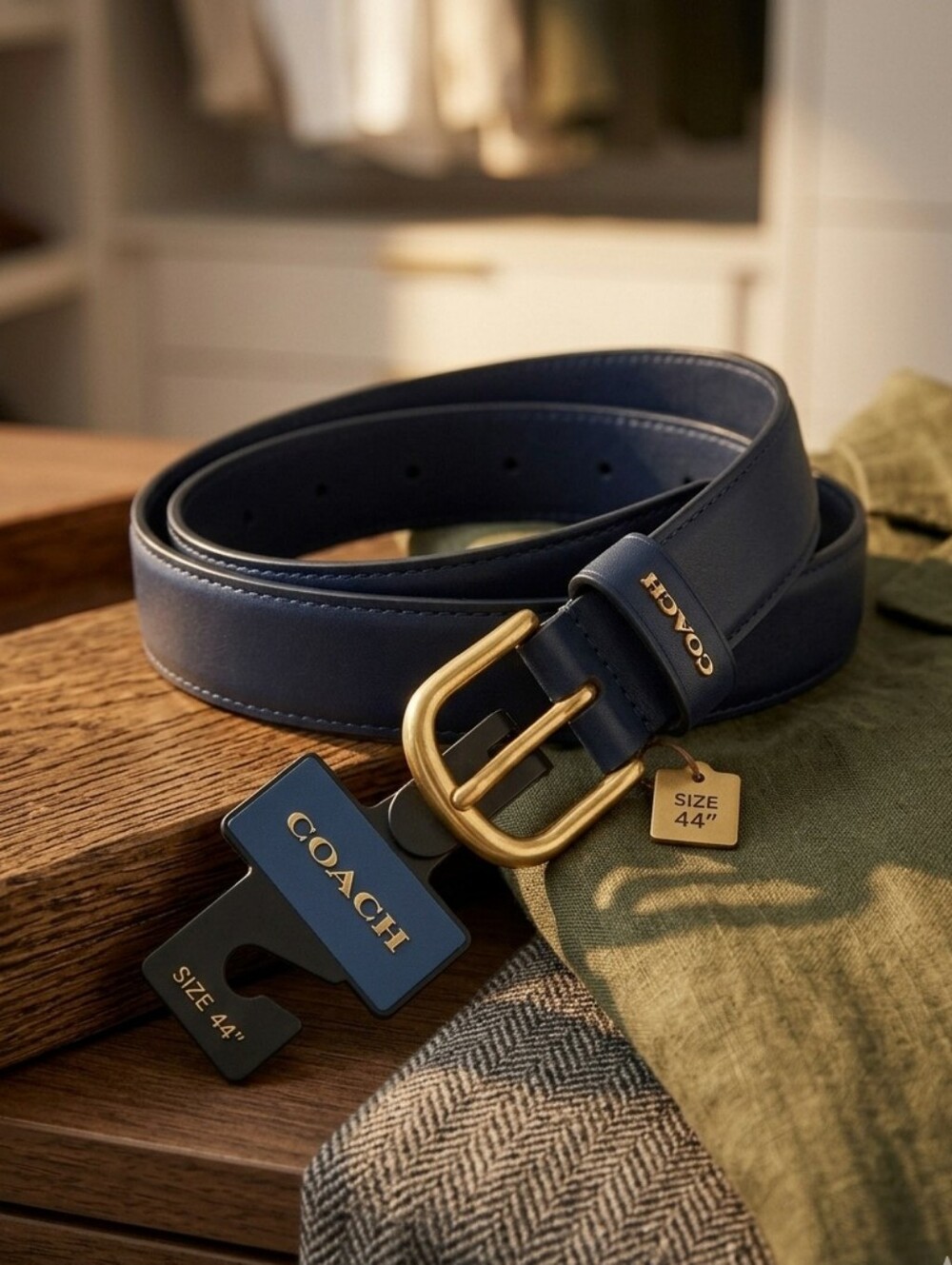 Coach Navy Leather Belt with Gold Hardware XL (44") NWT